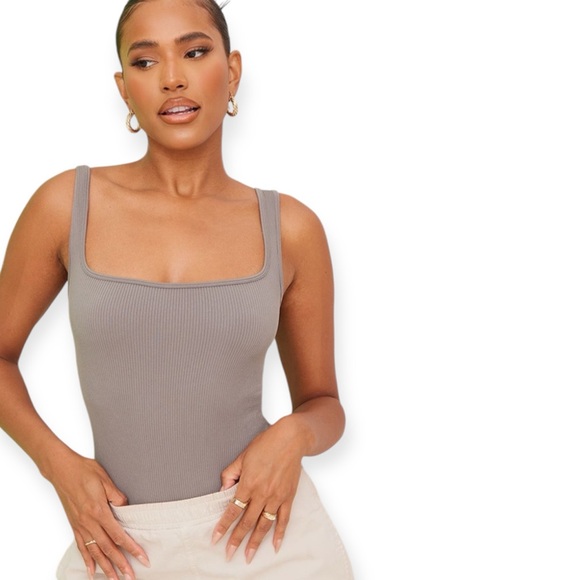 Gunmetal Contour Rib Square Neck Sleeveless Bodysuit - Picture 6 of 6